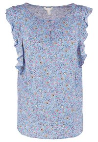 Blouse bleu clair avec motif floral, manches volantées, col rond et détail de bouton unique à l'avant. Texture de tissu douce.