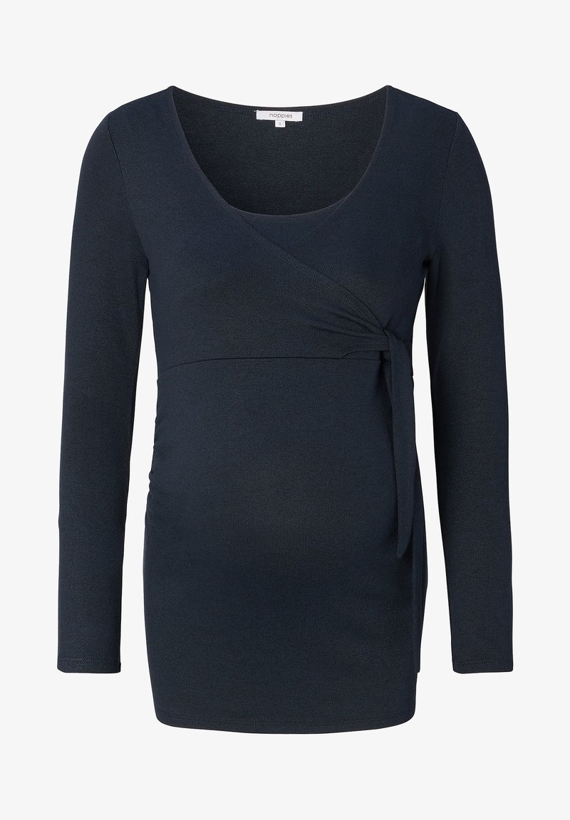 Dunkelblaue Langarm-Maternity-Bluse mit Wickeldesign, seitlichem Bindeband und gerafften Details, aus einem weichen, dehnbaren Stoff gefertigt.