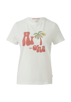 White cotton t-shirt featuring a large "Aloha" graphic in red and green with a palm tree design. Short sleeves and a crew neckline.