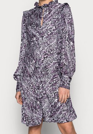 Lila und weiß gemustertes Kleid mit langen Ärmeln, Rüschensaum und Schlüssellochdetail. Hergestellt aus leichtem Stoff mit fließendem Design.