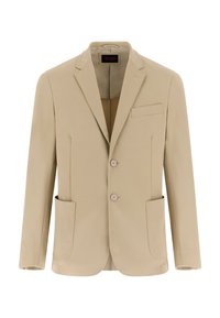 Blazer beige con collo a revers, chiusura frontale con due bottoni e una tasca sul petto. Presenta due tasche laterali e una texture del tessuto liscia.