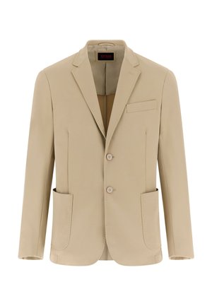 Blazer beige con collo a revers, chiusura frontale con due bottoni e una tasca sul petto. Presenta due tasche laterali e una texture del tessuto liscia.