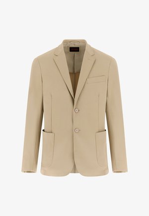 Béžové sako s klopovým golierom, dvojradovým zapínaním na gombíky a jedným náprsníkom. Má dve bočné vrecká a hladkú textúru látky.