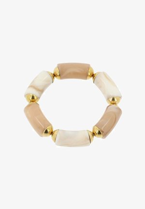 Elastic bracelet featuring elongated beige and off-white marbled resin beads, accented with gold metal hardware between the segments.