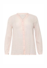 Light pink blouse with a V-neck, long sleeves, button-down front, and intricate embroidered patterns throughout. Soft, sheer texture.