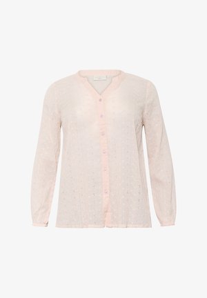 Blusa rosa claro con escote en V, mangas largas, cierre de botones en el frente y patrones bordados intrincados en toda la prenda. Textura suave y translúcida.