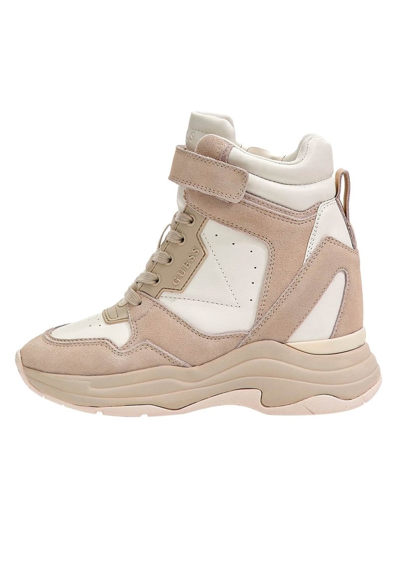 High-top sneaker featuring a mix of cream and tan suede and leather. Includes laces, a Velcro strap, and a textured rubber sole.