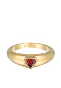 Inel de aur cu un band rotund, neted, având o piatră prețioasă roșie în formă de inimă în centru. Marcat cu "925" și "AJ" în interior.