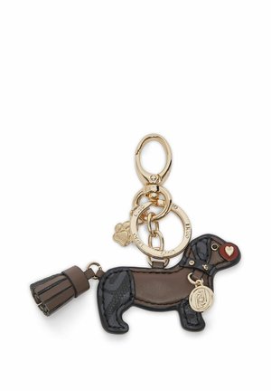 Portachiavi in pelle a forma di cane marrone e nero con anello dorato, coda con nappina, ciondolo per il collare e un cuore rosso sul muso.