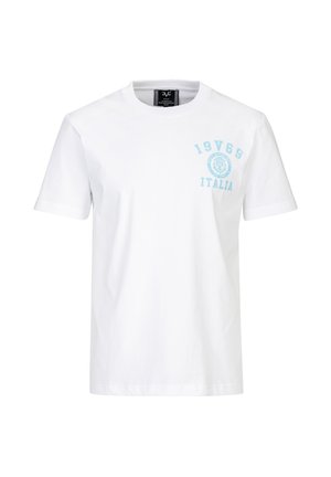 Weißes T-Shirt mit kurzen Ärmeln und Rundhalsausschnitt, bedruckt mit hellblauem "19V69 ITALIA" und Löwenemblem auf der linken Brust.
