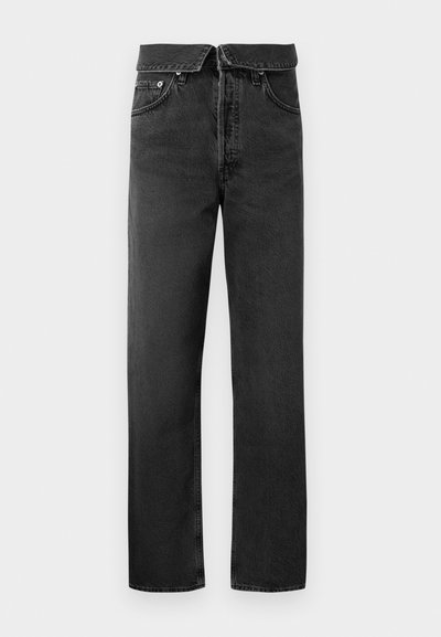 Black denim jeans with a straight-leg fit, featuring a button and zip fly, four pockets, and a subtle textured finish.