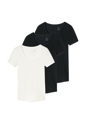 Trzy proste koszulki z krótkim rękawem i dekoltem w serek, dwie czarne i jedna biała, ułożone na sobie na białym tle.