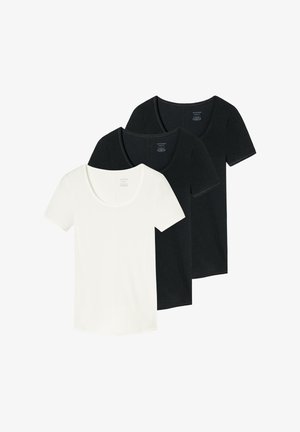 Trois t-shirts unis à manches courtes et col en V, deux noirs et un blanc, disposés en chevauchement sur un fond blanc.
