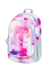 Zaino multicolore con un motivo ad acquerello nei toni del rosa, viola e pesca. Realizzato in tessuto resistente con un fondo grigio testurizzato.