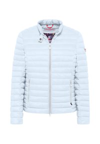 Jasnoniebieska ocieplana kurtka z stójką, dwoma zamykanymi na zamek bocznymi kieszeniami oraz kontrastową, wzorzystą podszewką.