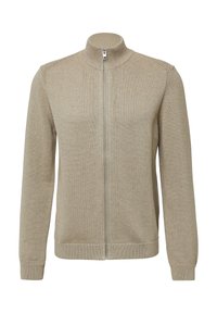 Beżowy sweter z dzianiny z wysokim kołnierzem, pełnym zapięciem na zamek, długimi rękawami oraz ściągaczami na mankietach i dole. Gładka faktura i dopasowany krój.