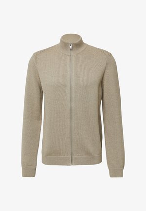 Gaišbeige adīta džemperi ar augstu apkakli, pilnu rāvējslēdzēju, garām piedurknēm un ribotām malām un apakšmalu. Gluda tekstūra un pieguļoša forma.