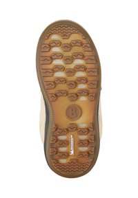 Gumowa podeszwa buta z teksturowanym, brązowym bieżnikiem. Z wzorami sześciokątnymi i logo Michelin, z jasnobeżową krawędzią i czarną obwódką.