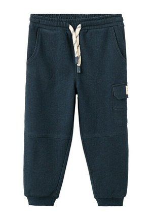 Mørkeblå sweatpants til småbørn med elastisk taljebånd, hvid snøre, sidelomme med klap, forlommer og ribbet kant ved anklerne.