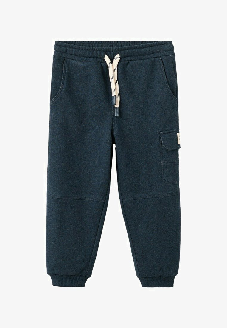 Pantalon de survêtement bleu foncé pour tout-petit avec taille élastique, cordon blanc, poche cargo latérale, poches avant et poignets côtelés.