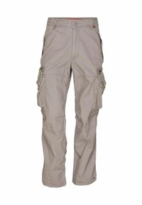 Beige Cargo-Hosen aus Baumwolle, die mehrere Seitentaschen, einen lockeren Sitz und Nähte für zusätzliche Haltbarkeit aufweisen.