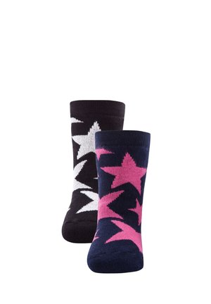 Two pairs of socks, one navy with pink stars and one black with white stars, displayed upright against a white background.