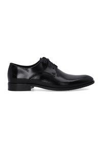 Czarne skórzane eleganckie buty z polerowanym wykończeniem, sznurowane, z okrągłym noskiem i niskoprofilową gumową podeszwą. Gładka tekstura, bez wzorów.