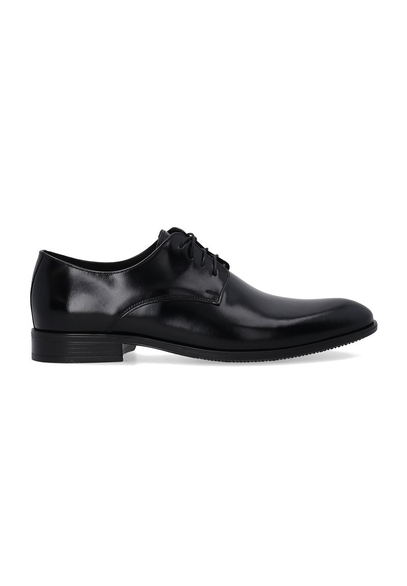 Czarne skórzane eleganckie buty z polerowanym wykończeniem, sznurowane, z okrągłym noskiem i niskoprofilową gumową podeszwą. Gładka tekstura, bez wzorów.