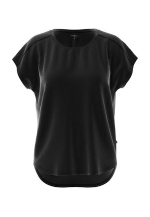 Zwart T-shirt met korte mouwen, een ontspannen pasvorm, textuurstof, ronde halslijn en een gebogen zoom. Beschikt over subtiele branding aan de zijkant.