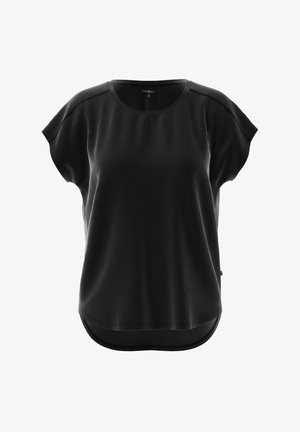 Haut noir à manches courtes avec une coupe décontractée, tissu texturé, col rond et ourlet incurvé. Présente un logo discret sur le côté.