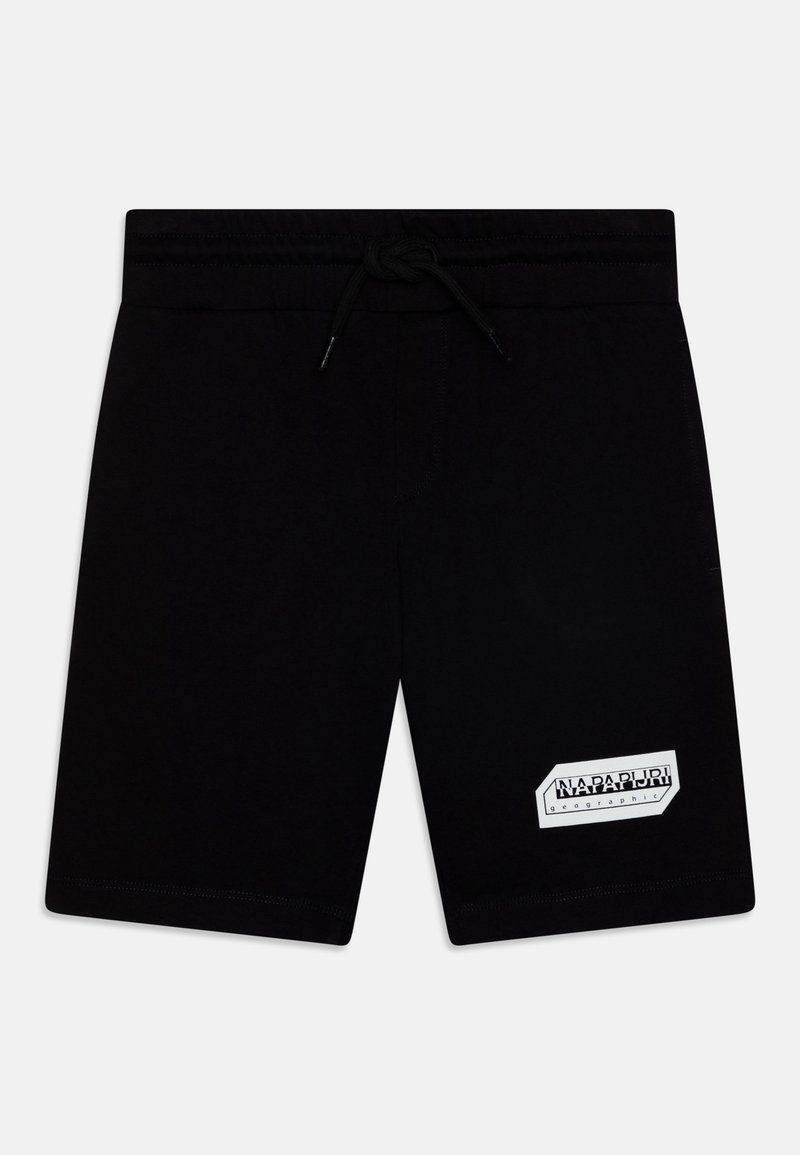Shorts noirs avec une taille élastique à cordon et une texture lisse. Présentent un patch logo blanc sur le côté gauche. Longueur mi-cuisse.