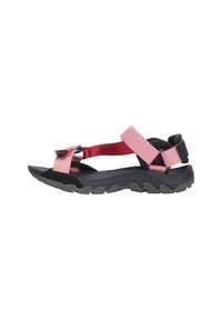 Outdoor sandal with pink adjustable straps, black cushioned footbed, and rugged gray sole, shown from the side on a white background.