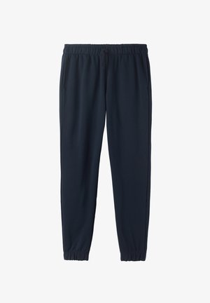 Pantalones de chándal azul marino hechos de una tela suave, con una cinturilla elástica con cordón, bolsillos laterales y puños ajustados.