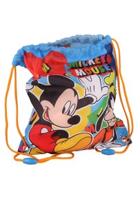 Woreczek sznurkowy z wzorem Mickey Mouse i jego przyjaciół. Wykonany z wielokolorowego materiału w odcieniach czerwieni, niebieskiego i żółtego. Posiada pomarańczowe sznurki ściągające i zatyczki.