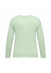 Pull vert clair à manches longues en tricot avec un col rond, présenté de dos sur un fond blanc.