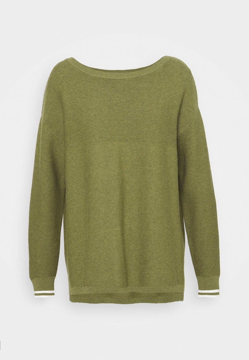 Pull vert en maille côtelée avec un col large et des manches longues. Présente des accents à rayures blanches au niveau des poignets. Texture douce et coupe décontractée.