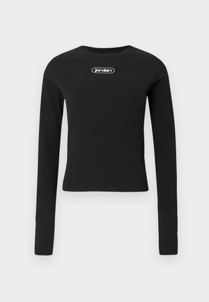 Top scurt cu mânecă lungă, cu dungi negre, guler rotund și logo-ul alb "jordan" centrat pe piept.