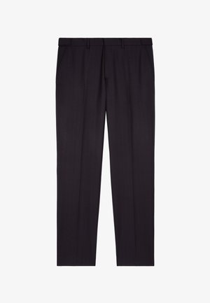 Slim-fit, black formal trousers with subtle red pinstripes. Features two side pockets, a flat front, and belt loops. Smooth fabric texture.