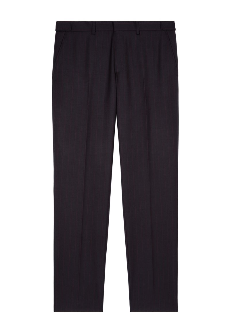 Slim-fit, black formal trousers with subtle red pinstripes. Features two side pockets, a flat front, and belt loops. Smooth fabric texture.