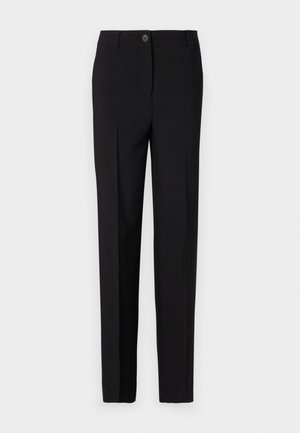 Zwarte op maat gemaakte broek met een recht toegegeven ontwerp, voorzien van een knoopsluiting en riemlussen, gemaakt van gladde stof.