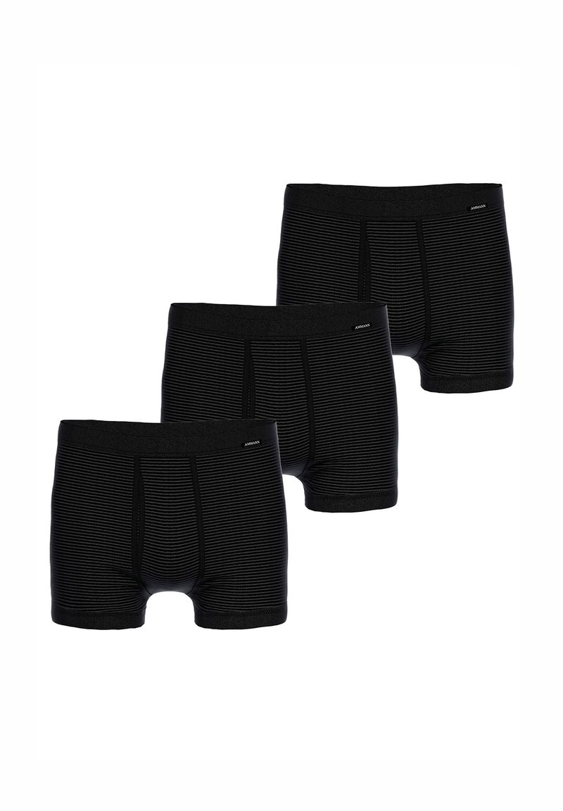 Black striped men's boxer briefs with a snug waistband and an ergonomic design. Three pairs displayed in a row. Smooth fabric texture.