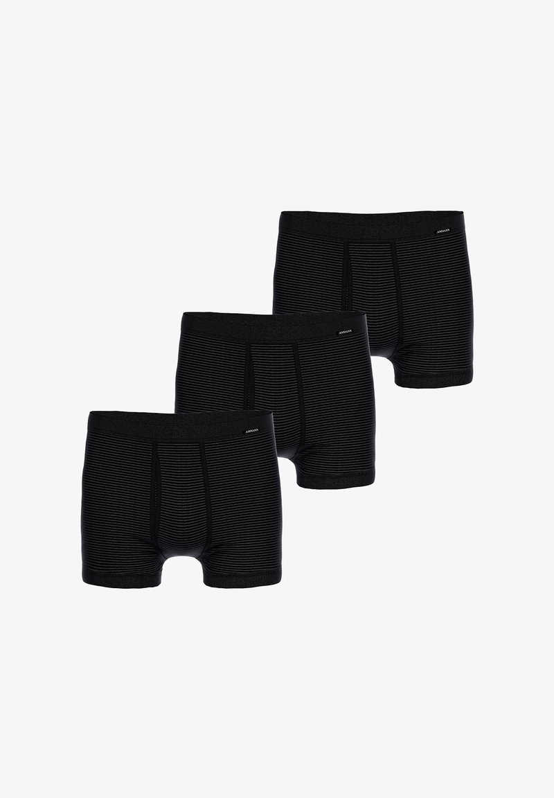 Black striped men's boxer briefs with a snug waistband and an ergonomic design. Three pairs displayed in a row. Smooth fabric texture.