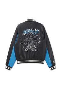 Black and blue varsity jacket with embroidered panther, stars, and "Ed Hardy," "Drawn by," and "Est. 1971" text on the back.