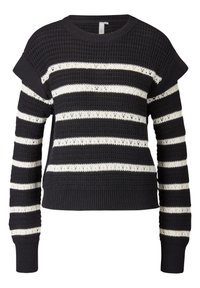 Gestreifter Strickpullover in Schwarz-Weiß mit lockerer Passform, runder Ausschnitt, gerippten Bündchen und dekorativen Ausschnitten in den Streifen.