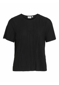 Zwart T-shirt met een ribbelstructuur, korte mouwen en een ronde halslijn. Gemaakt van lichte stof, met een ontspannen pasvorm.