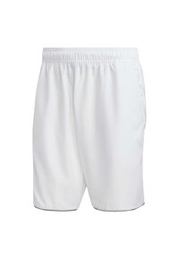 Shorts à taille élastique blanche avec poches latérales et bordure noire subtile à l'ourlet, présentés sur un fond blanc uni.