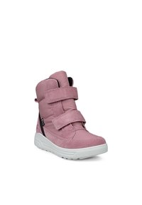 Kinder pinker Winterstiefel mit zwei Klettverschlüssen, gepolstertem Obermaterial, weißer Gummisohle und wasserdichtem Futter.