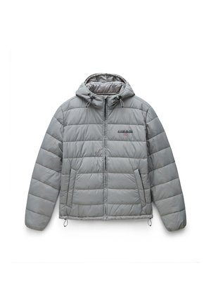 Giacca puffer grigia chiara con cappuccio, caratterizzata da un motivo a righe orizzontali, chiusura frontale con zip e due tasche laterali. Passanti per cordoncino all'orlo.