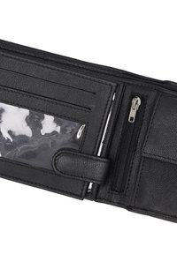 Sort kunstlæder pung med multiple kortlommer, et transparent ID-vindue og en lynlås-pengeafdeling. Struktureret overflade hele vejen igennem.