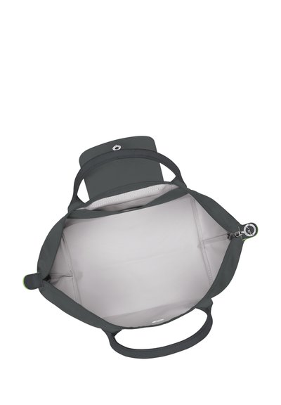 Gray tote bag with two sturdy handles, a flat base, and a zip closure. Interior is light-colored with a small zip pocket and no patterns.